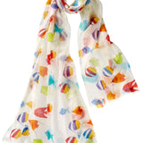 Alpine Cashmere Coral Reef Scarf with ivory background and a colorful tropical fish print.