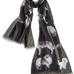 Alpine Cashmere's Dog's Life Scarf, featuring an illustrated print of dogs, in black