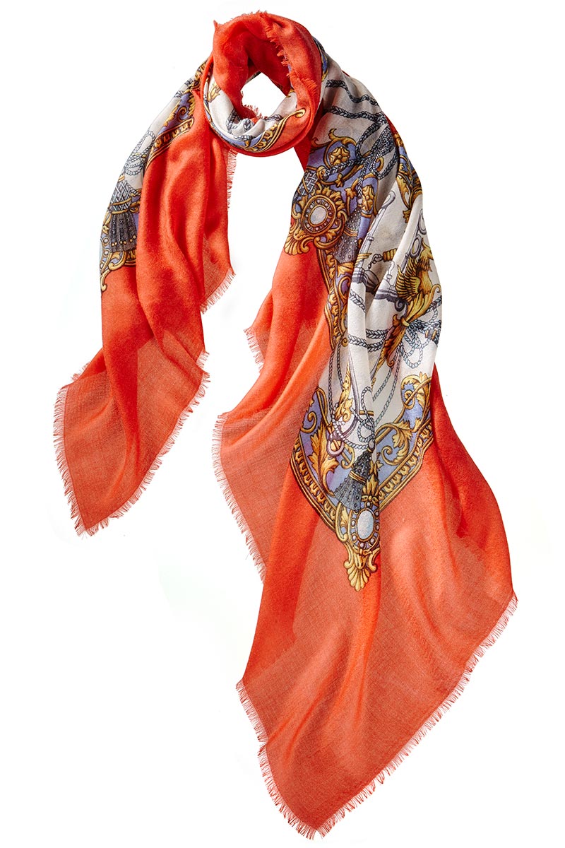 Alpine Cashmere Featherweight Square Printed Tassels Scarf in Persimmon Orange